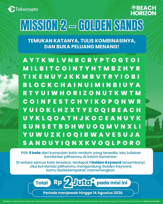 A promotional graphic for Tokocrypto's "Mission 2 - Golden Sands" Beach Horizon challenge featuring a word search puzzle with crypto-related terms, offering a Rp 2 Million total prize with an answer period until August 14, 2026.