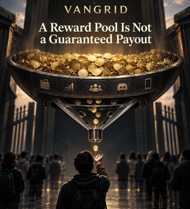 A graphic titled 'VANGRID' with the text 'A Reward Pool Is Not a Guaranteed Payout,' depicting a person looking up at coins falling from a large funnel.