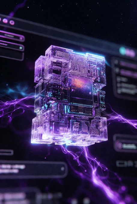 A glowing, futuristic purple and blue cubic structure resembling a sci-fi data cube, floating amidst energy tendrils and digital interface panels.