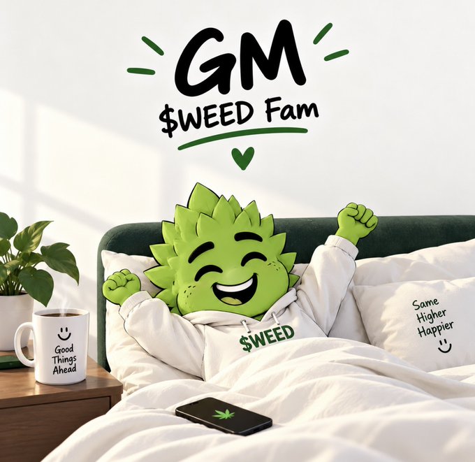 A cartoon graphic with 'GM $WEED Fam' text showing a smiling green leaf-headed character in a $WEED hoodie waking up happily in bed, with a 'Good Things Ahead' mug and phone on the nightstand.