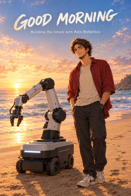 An anime-style illustration shows a young man in a red shirt standing next to a robot on a beach, with the text 'GOOD MORNING' and 'Building the future with Axis Robotics'.
