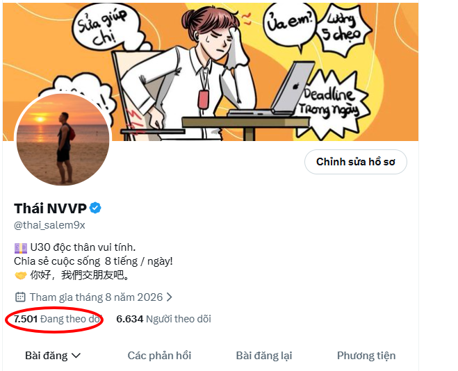 A Twitter/X profile for 'Thái NVVP' (@thai_salem9x) showing 7,501 following with the number circled in red, featuring an anime-style banner about work deadlines.