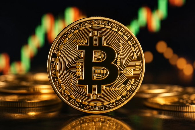 A golden Bitcoin coin stands prominently in the foreground, displaying "BITCOIN DIGITAL DECENTRALIZED PEER TO PEER" around its edge, with a blurred candlestick chart in red and green showing market activity in the background. The image visually reinforces the article's theme about Bitcoin's subdued July trading volumes, as the chart backdrop represents the very market activity that has reportedly dropped to approximately $2.2 billion in average daily spot trading.