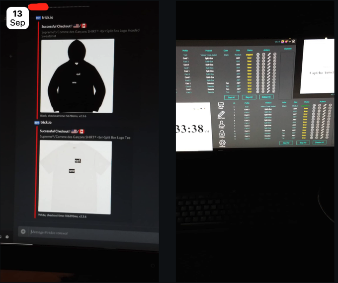 A two-panel photo showing left: a phone screen displaying 'trick.io' with 'Successful Checkout!' messages for Supreme hooded sweatshirts and t-shirts dated 13 Sep; right: a computer monitor showing cryptocurrency charts and a clock reading 33:38.