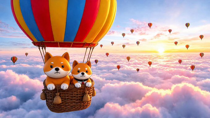 Two adorable cartoon Shiba Inu dogs ride a colorful hot air balloon above a sea of clouds at sunrise, with additional balloons floating in the distance. The image ties to "To the moon" by depicting the dogs literally ascending skyward, symbolizing bullish optimism and soaring aspirations.