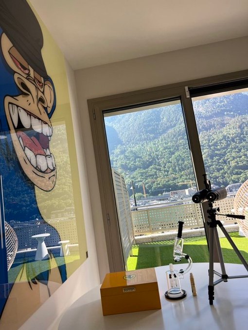 An indoor scene looks out through a sliding glass door onto a mountain view, with a large cartoon mural on the left wall and a telescope set up on the artificial grass balcony.