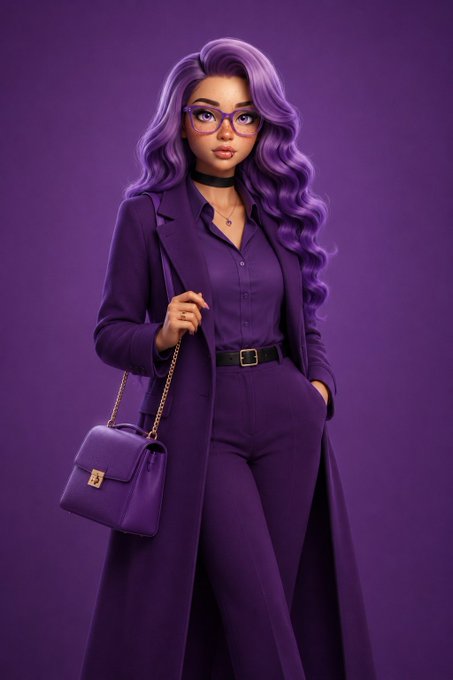 A stylized illustration of a woman with long purple hair, glasses, and a matching purple outfit, holding a purple handbag against a purple background.