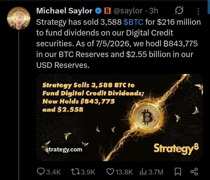 A tweet from Michael Saylor (@saylor) announcing that Strategy has sold 3,588 BTC for $216 million to fund dividends on Digital Credit securities, noting holdings of ₿843,775 BTC and $2.55B USD reserves as of 7/5/2026.