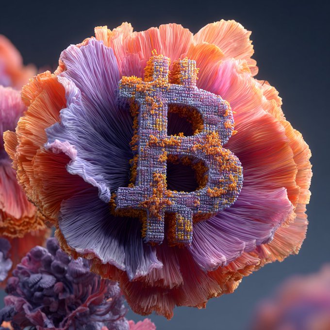 A pink and orange coral-like flower with a beaded Bitcoin logo at its center, symbolizing the growth and blooming potential of cryptocurrency, perfectly capturing the excitement of a Bitcoin giveaway.