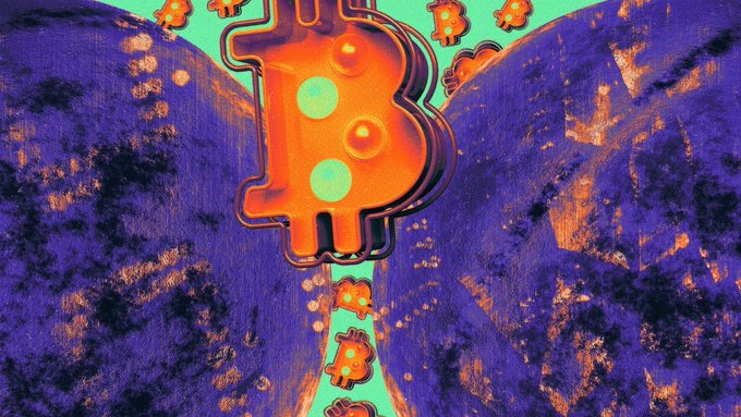 A vibrant digital artwork featuring a large 3D orange Bitcoin symbol suspended between two purple textured hills, with smaller Bitcoin symbols floating in the background.
