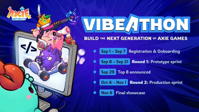 A promotional banner for 'Axie Infinity VIBEATHON' event, encouraging participants to 'BUILD THE NEXT GENERATION OF AXIE GAMES' with a timeline showing registration from Sep 1 - Sep 7 and a final showcase on Nov 6.