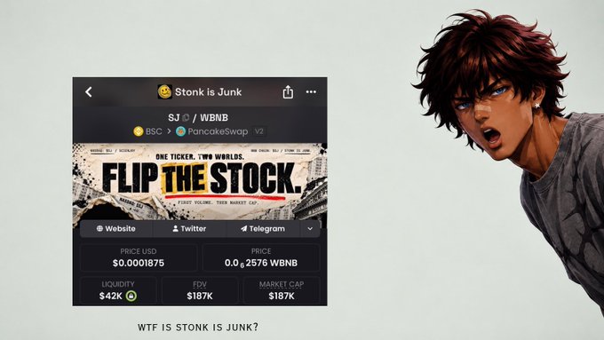 The image shows a crypto token tracker interface for "Stonk is Junk" (SJ) paired with WBNB on PancakeSwap V2, featuring a price of $0.0001875, market cap of $187K, and FDV of $187K, alongside a surprised anime-style character and the caption "WTF IS STONK IS JUNK?"—visually promoting the project discussed in the post about its $150K–$200K market cap floor and growing visibility on X.