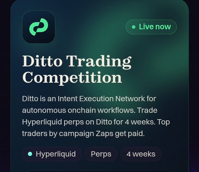 A promotional graphic for a 'Ditto Trading Competition' (Live now), describing Ditto as an Intent Execution Network for trading Hyperliquid perps for 4 weeks, with tags 'Hyperliquid', 'Perps', and '4 weeks'.