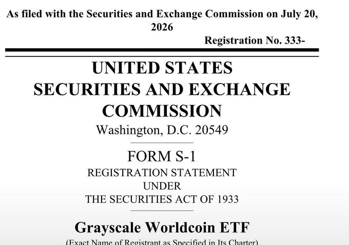 The image shows the cover page of a Form S-1 Registration Statement filed with the SEC on July 20, 2026, for the **Grayscale Worldcoin ETF**, marking Grayscale's filing for the first U.S. Worldcoin ETF tied to the $WLD token. The document represents a notable shift from traditional large-cap ETF filings, as Worldcoin is a biometric identity verification project backed by Sam Altman.