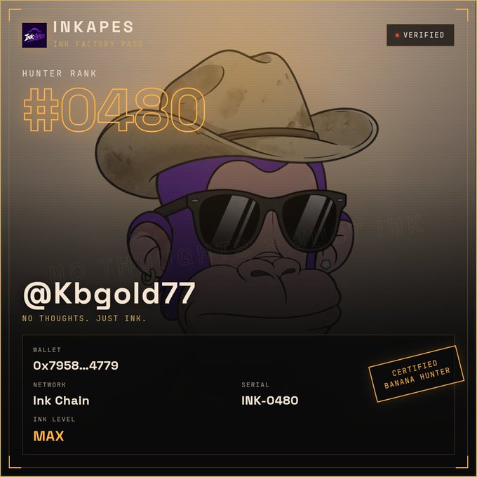 A digital "INK FACTORY PASS" card in the style of Inkape displays a monkey wearing a cowboy hat and sunglasses, with the handle "@Kbgold77" and "HUNTER RANK #0480".