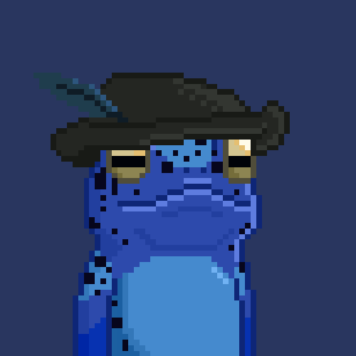Pixel art of a blue frog-like character wearing a black pirate hat with a feather, featuring yellow accents on the sides of its face.