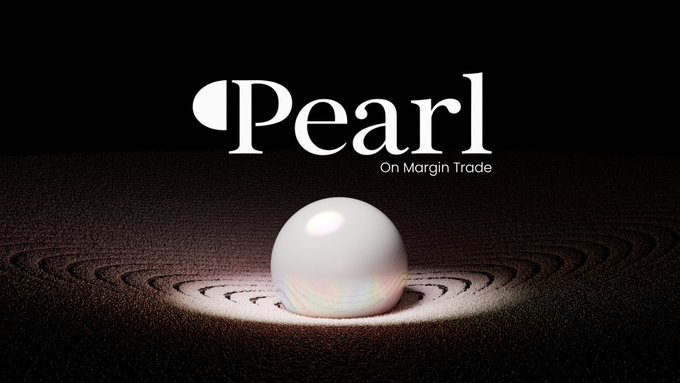 An image displaying the logo 'Pearl' with the tagline 'On Margin Trade' above a single, glowing pearl resting on textured black sand.