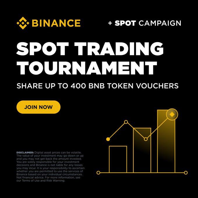 A promotional graphic for the Binance Spot Trading Tournament featuring the Binance logo, "Spot Campaign" header, "Join Now" button, and a yellow bar/line chart visualization, advertising a prize pool of up to 400 BNB token vouchers alongside a trading risk disclaimer.