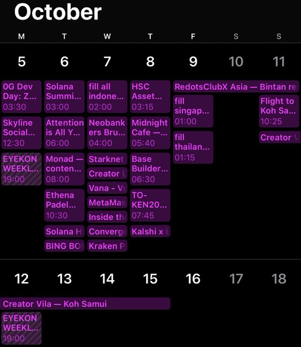 A digital calendar view for October showing weekly schedules (Oct 5-11 and partial Oct 12-18) with various events in purple blocks including "OG Dev Day," "Solana Summit," and "EYEKON WEEKL..."