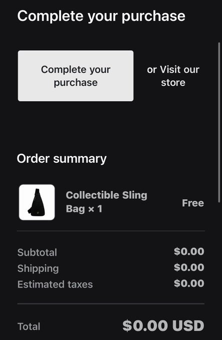 A mobile checkout screen titled 'Complete your purchase' showing an order summary for a 'Collectible Sling Bag' with a total of $0.00 USD.