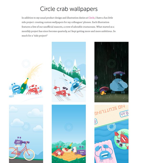 A webpage titled 'Circle crab wallpapers' describing a side project by the designer of Circle, featuring illustrated crab mascots in various scenes including a snowy landscape and rainy street.