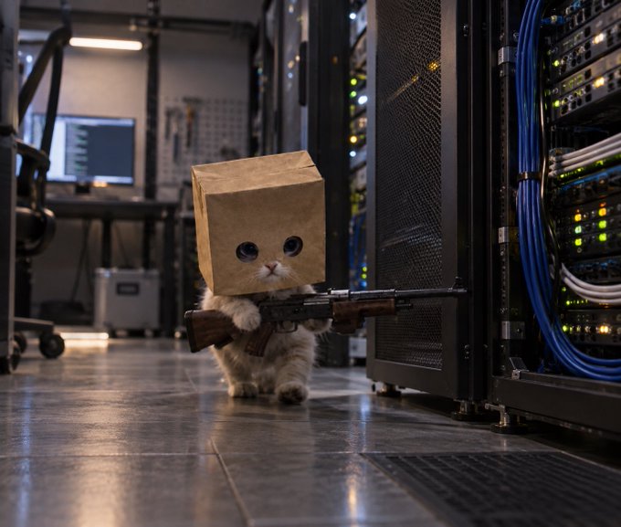 A humorous AI-generated image of a fluffy kitten wearing a brown paper bag on its head (with eye holes) holding what appears to be an AK-47 rifle in a server room with network racks.