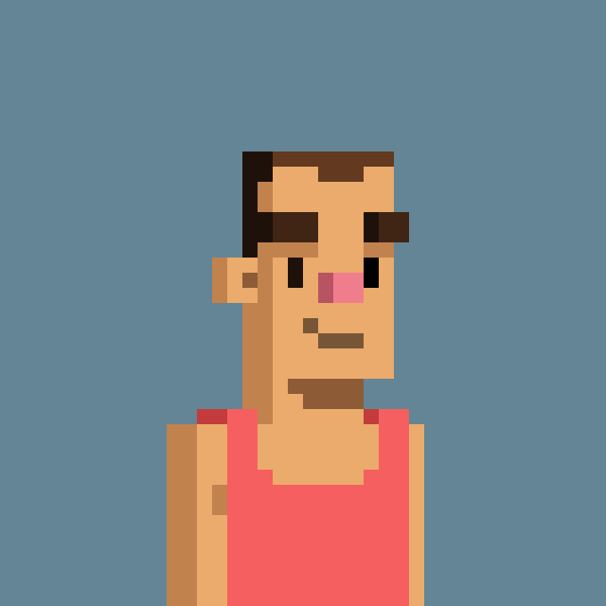 A pixel art portrait of a character with light skin, dark hair, a prominent nose, and a red tank top against a blue background.