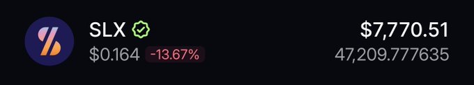 A token display for 'SLX' showing a price of $0.164, down 13.67%, with a market value of $7,770.51 and 47,209.777635 units.