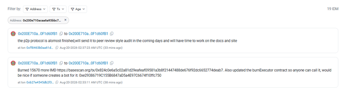 The image shows a Twitter/X timeline filtered for address "0x200e710aca6af35bb7..." displaying 19 IDM-related tweets, including one announcing the near-completion of the p2p protocol pending peer review style audit, and another noting that 1,5670 more IMD (at address 0x2938b719c15586a47a05a4e97d6741101f1c750) tokens were burned via basescan.org along with a burnExecutor contract update.