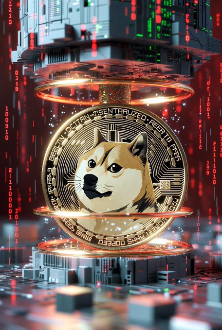 A futuristic digital artwork featuring the Dogecoin Shiba Inu logo embedded within a glowing golden cryptocurrency coin, set against a circuit board background with falling red digital code (resembling a Matrix-style aesthetic).