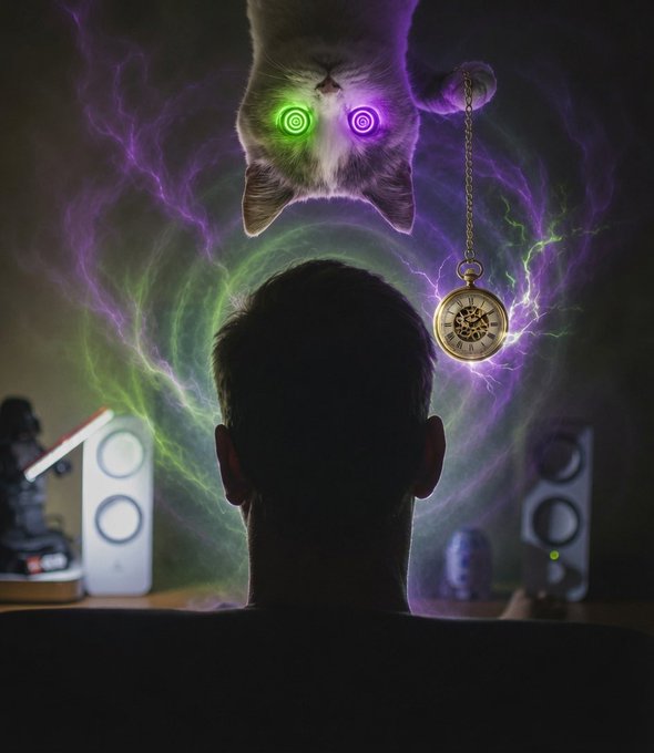 The image features a man sitting down with his head tilted back, looking at a cat that has its eyes glowing green and purple lights. The cat's eyes are shining brightly against the dark background, drawing attention to itself. In the bottom right corner of the photo, there is a text that reads "$USDC needs our Cashtag back!!! @X". This message seems to be related to the image or the post on social media where it was shared.