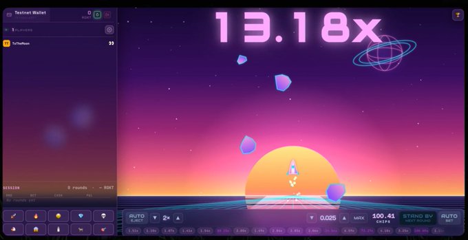 A screenshot of the "Block Rocket" crash-style game on Canopy displays a current multiplier of "13.18x" as a rocket launches into a vibrant sunset sky, with the player's "Testnet Wallet" sidebar showing a balance of 9 ROKT, a live bet of 0.025 CRYPTO, and a max payout of 100.41 CRYPTO, illustrating the game's cash-out mechanic before the rocket explodes.