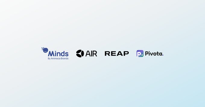 The image displays four company logos: "Minds By Animoca Brands," "AIR," "REAP," and "Pivota." This visual represents the partnership between AIR and Minds, along with Reap and Pivota, to advance agentic commerce by enabling AI agents to handle transactions securely.