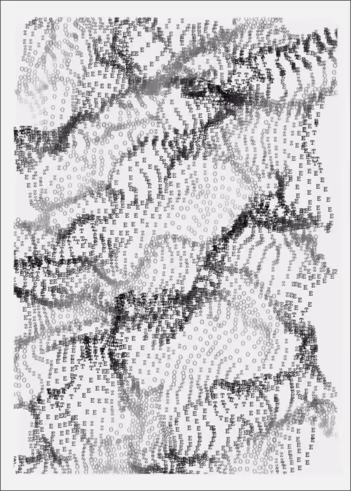 The image features a digital art piece that appears to be a painting or drawing, but instead of using traditional paint or pencils, it is created through code. The artwork consists of various shapes and lines, including dots and curves, which are arranged in a way that creates an abstract pattern. The post discussing this artwork reads: "A single-edition generative artwork constructed through code, where the letters T E Z O S are treated as raw visual material rather than language".
