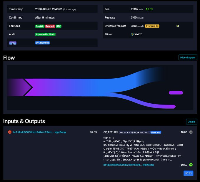 A cryptocurrency transaction interface showing details timestamped 2026-09-25 11:40:01 with a fee of 2,382 sats ($2.01), featuring SegWit and Taproot features, with a flow diagram and inputs/outputs section.