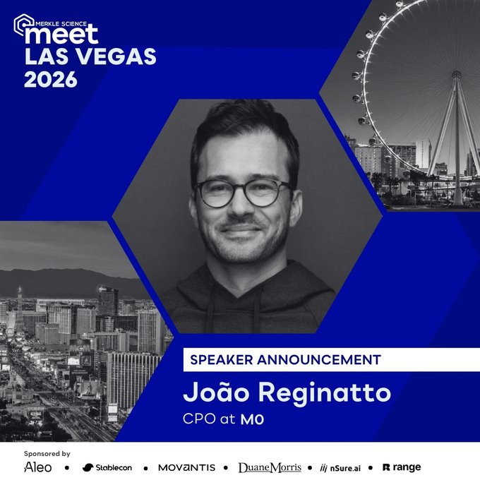 A speaker announcement graphic for 'MERKLE SCIENCE meet LAS VEGAS 2026' featuring João Reginatto, CPO at M0, set against a blue hexagonal design with Las Vegas skyline imagery.