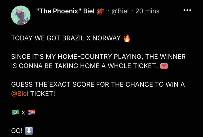 A Twitter/X post by 'The Phoenix' Biel announcing a Brazil vs Norway match contest, with the winner taking home a whole Biel ticket for guessing the exact score.