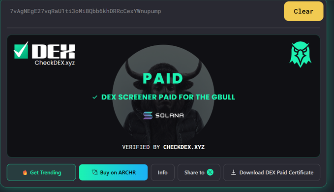 A CheckDEX.xyz verification page showing a Solana token marked as 'PAID' with 'DEX SCREENER PAID FOR THE GBULL', verified by checkdex.xyz, with options to Get Trending, Buy on ARCHR, Info, Share, and Download DEX Paid Certificate.