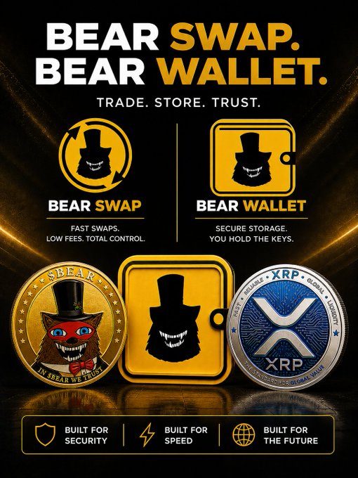 A promotional graphic for 'BEAR SWAP' and 'BEAR WALLET' with the tagline 'TRADE. STORE. TRUST.' featuring a bear in a top hat logo, an XRP coin, and 'BUILT FOR SECURITY', 'BUILT FOR SPEED', 'BUILT FOR THE FUTURE'.