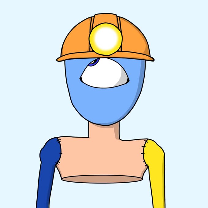 A cartoon illustration depicts a character with a single large eye, wearing an orange mining helmet with a lit lamp, a blue face covering, and a patchworked body.