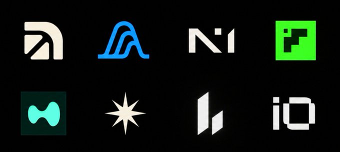 A collection of eight minimalist tech-related logos arranged in a 2x4 grid on a black background.