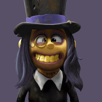A 3D rendering of a yellow-skinned character with long dark hair, a top hat, and a wide toothy grin, wearing a black suit and white collar.