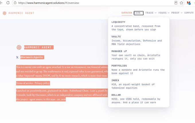 A screenshot of the Harmonic Agent website (harmonicagent.solutions) showing an overview dropdown menu with sections for Liquidity, Vaults, Managed LP, Portfolios, Index, and Dollar, alongside a disclaimer about a meme coin.