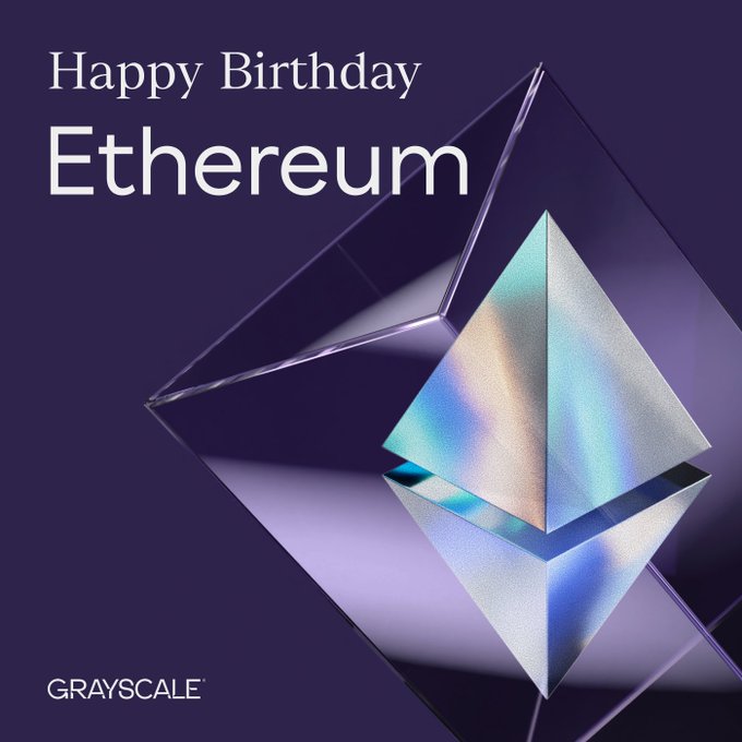 A promotional image from Grayscale celebrating Ethereum's 11th birthday, featuring the Ethereum logo in an iridescent crystal pyramid against a deep purple background, with the text "Happy Birthday Ethereum" displayed in the upper left corner.