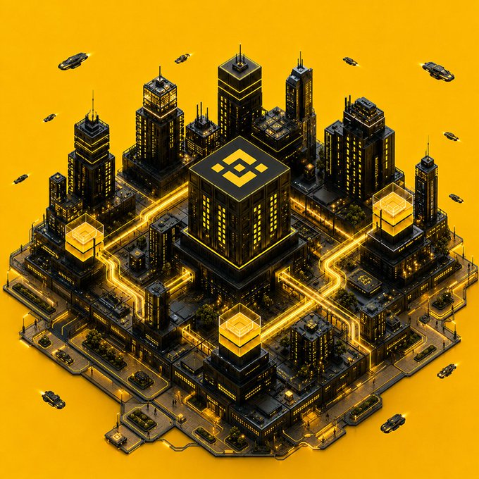 An isometric illustration depicts a futuristic city built entirely of black and gold, with a central building displaying the Binance (BNB) logo, surrounded by glowing roads and skyscrapers that mirror a blockchain network's interconnected ledgers. The image visually reinforces the post's message by portraying each city block—much like a blockchain block—as a node that records the movement of every transaction passing through the network.
