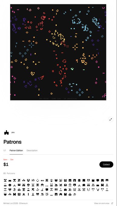 A screenshot from Foundation shows a generative art NFT called 'Patrons' priced at $1, featuring a colorful pixelated pattern on a black background.