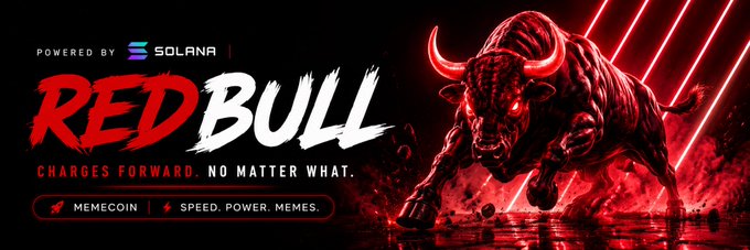 The image is a dark, fiery promotional banner featuring a glowing red bull charging forward through shattered glass, with bold text reading "POWERED BY SOLANA" and "RED BULL – CHARGES FORWARD, NO MATTER WHAT," along with taglines "MEMECOIN" and "SPEED. POWER. MEMES." This visually reinforces the post's message of an imminent, high-energy $REDBULL memecoin launch built on Solana, symbolizing the bullish momentum and chaotic energy teased in the announcement.