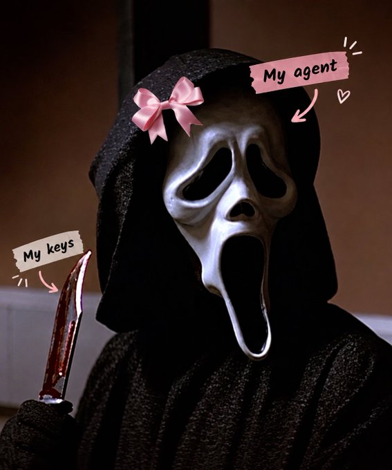 A meme featuring the Ghostface character with a pink bow, holding a bloody knife, with text labels humorously identifying the mask as 'My agent' and the knife as 'My keys'.