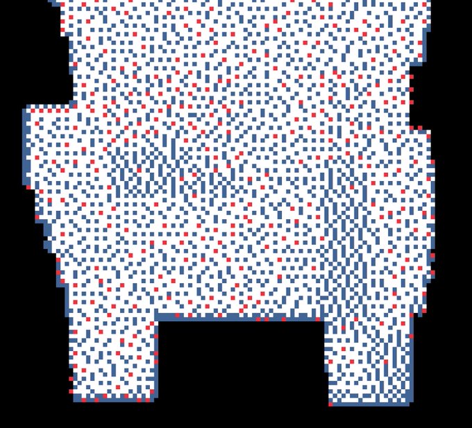 A pixelated graphic composed of small red, white, and blue dashes arranged in the shape of a blocky, symmetrical figure or emblem on a black background.