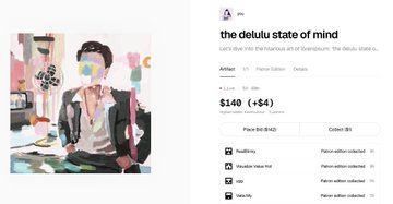 A webpage showing an NFT listing titled 'the delulu state of mind' priced at $1.40 (+$4) from the 'Atelier' collection, displayed by MetaCats.